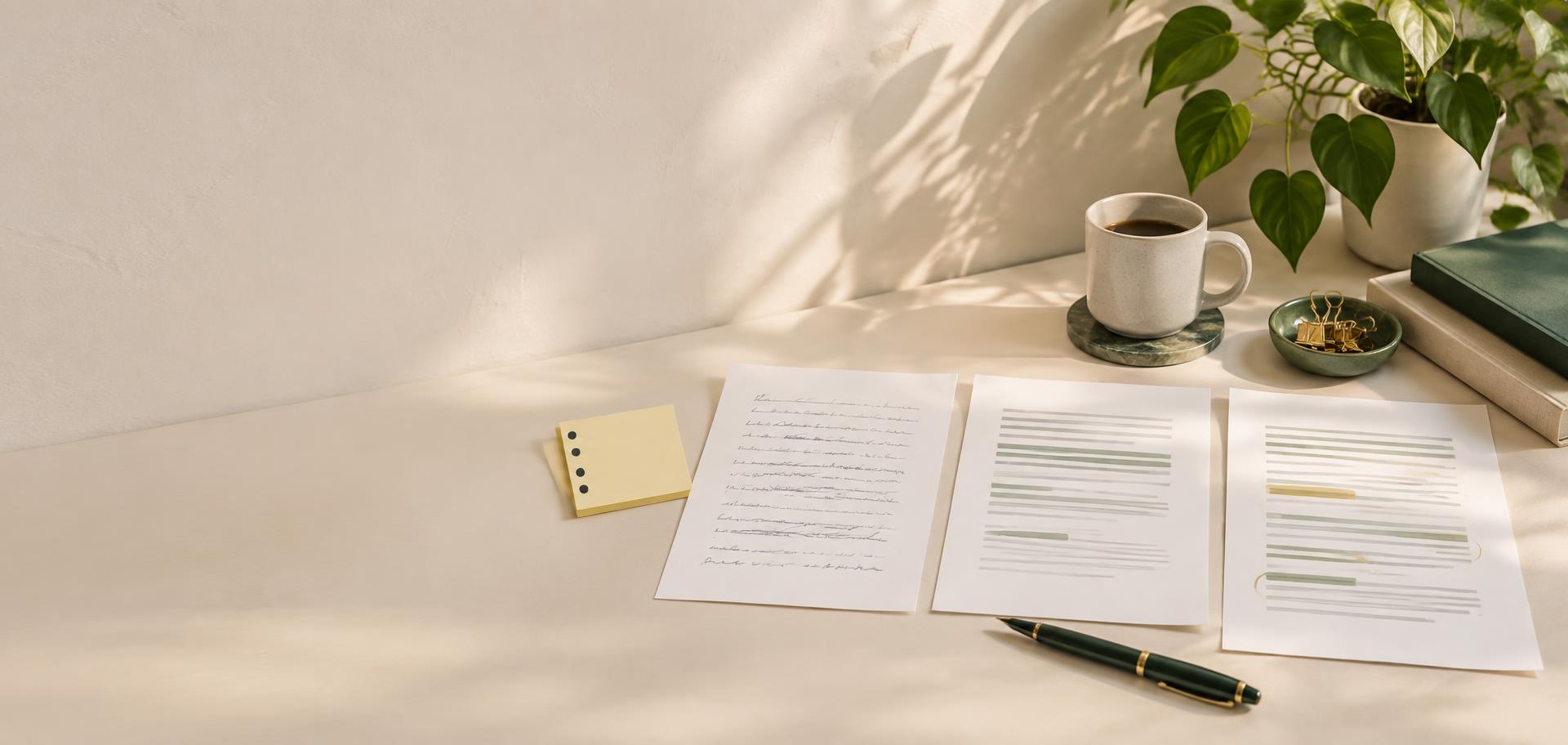 College essay drafts and notes arranged on a sunlit writing desk